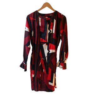 Loft Womens Red Black Long Sleeve Tulip Sleeve Business Shift Tie Waist Dress M